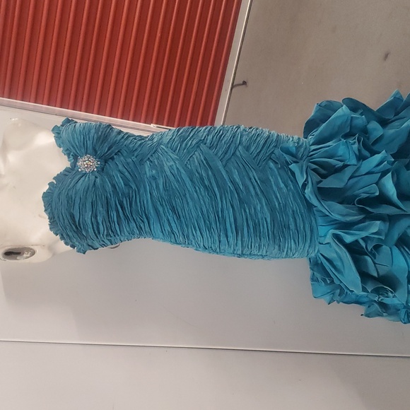 Alyce Designs AQUA Ruche Bodice Strapless Mermaid Dress Maxi Gown Slit Ruffles 4 - Picture 4 of 17